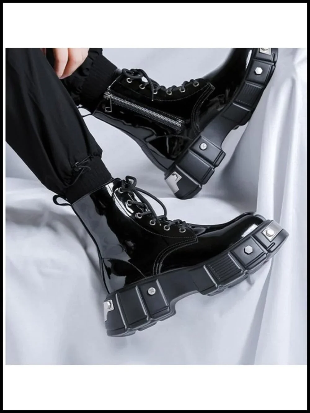 Men's Lace Up Platform Motorcycle Boots Patent Leather Ankle Boots with Side